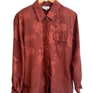 Vintage Tess Reddish Brown Boho Button-Up Blouse Abstract Floral Womens Medium